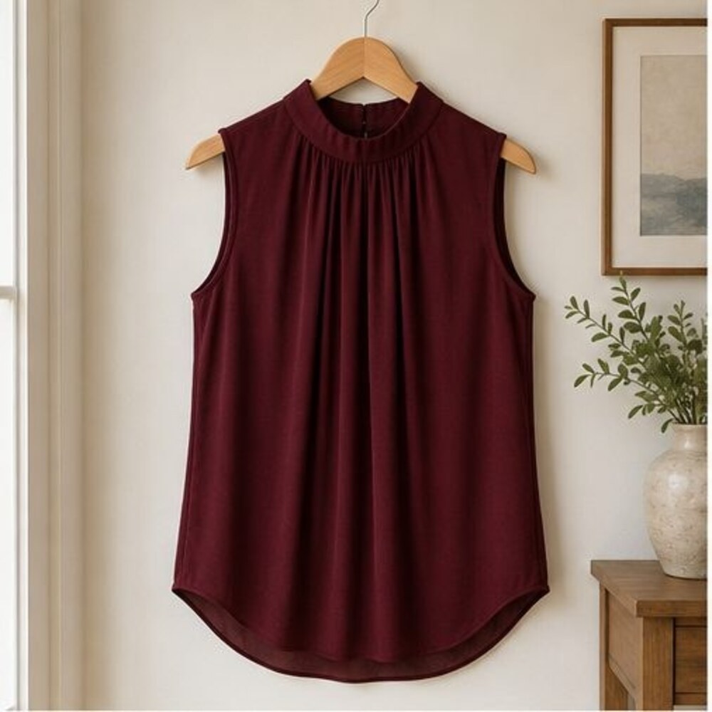 Burgundy Pleated High Neck Blouse